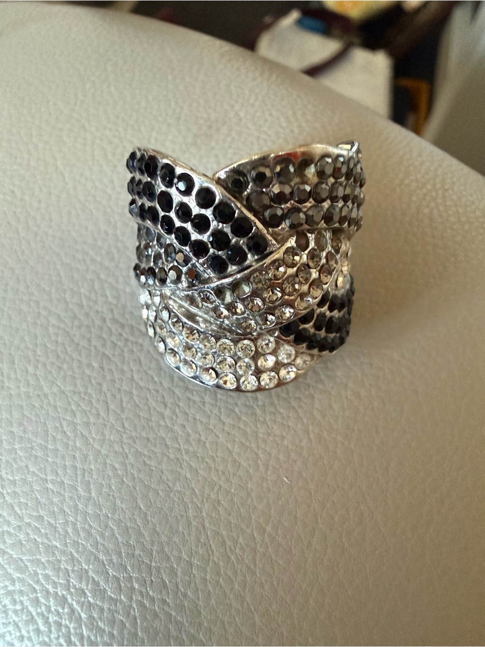 Lia Sophia Black and Clear Crystal Braided Wide Band Ring